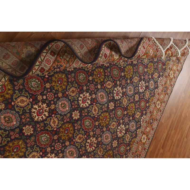 Hand Knotted Oriental 100% Wool Carpet Traditional Floral Navy Blue & Blues Tabriz Area Rug - 11' 5'' X 7' 7''
