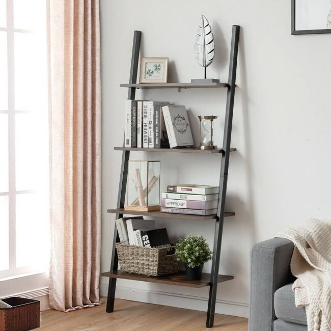 Multipurpose 4-Tier Industrial Leaning Wall Bookcase with Metal Frame - 25'' x 14'' x 60'' (L x W x H)