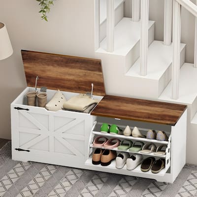 Moasis 55" Width Shoe Storage Bench,Shoe Cabinet with 3 Flip Drawer & Flip-Top Storage