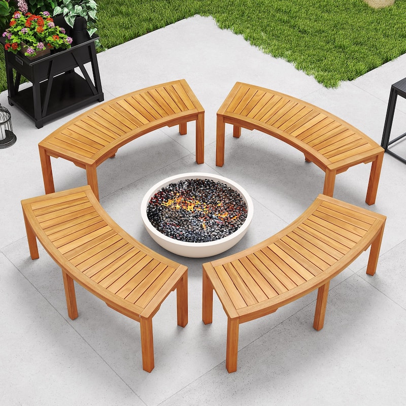 Solid Acacia Wood Outdoor Bench with Curved Design 45" Backless Seat for Garden or Deck - 19" x 45" x 17" (L x W x H)