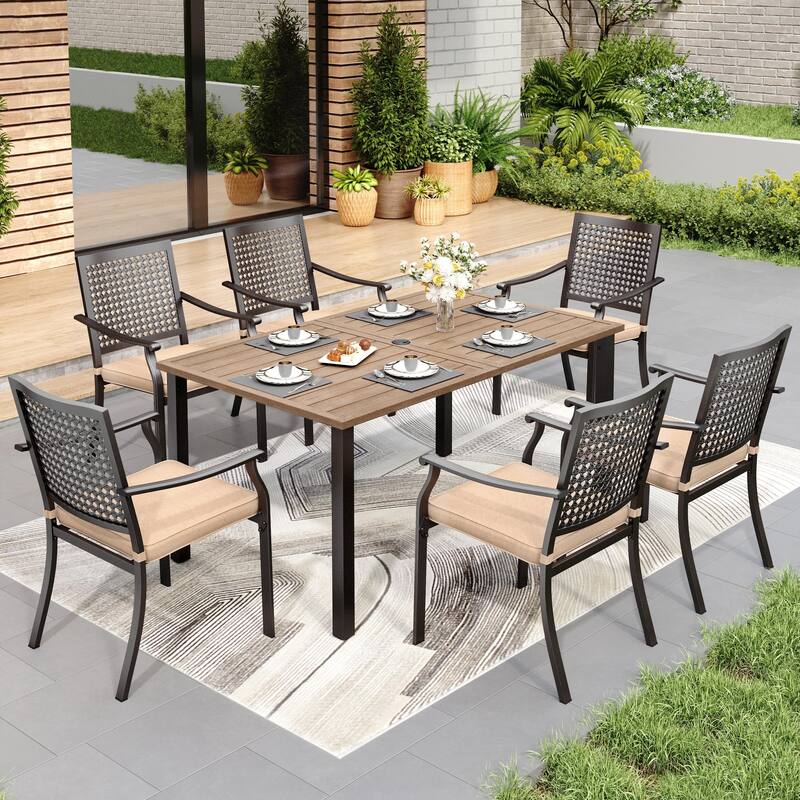 7-Piece Patio E-coating Dining Set of 6 Stackable Chairs & 1 Metal Dining Table - Type A