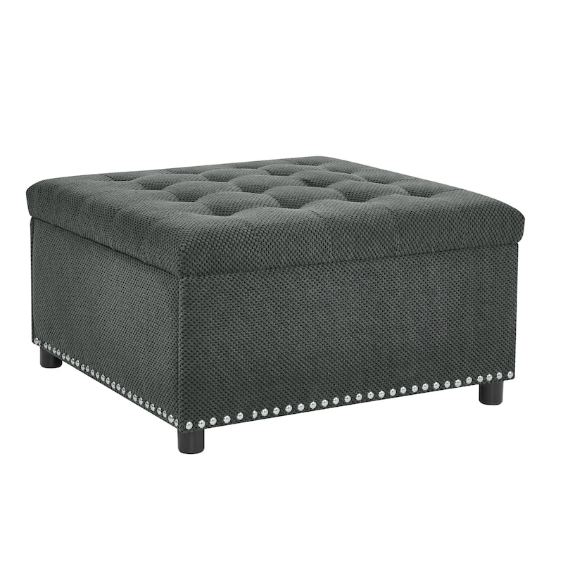 Square Tufted Upholstered Storage Ottoman with Nailhead Trim