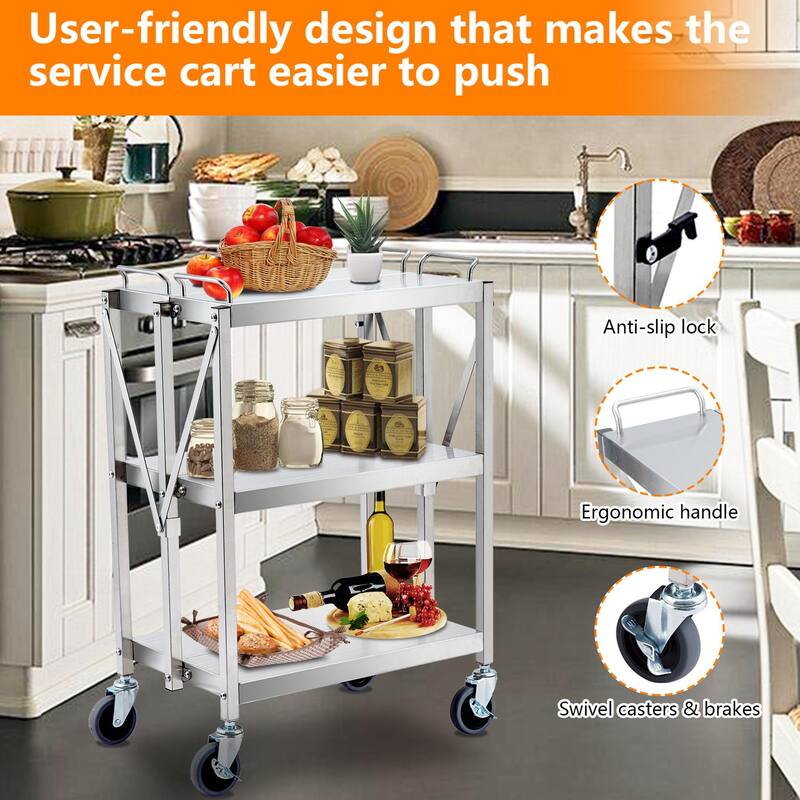 3-Tier Folding Utility Service Cart with Lockable Wheels