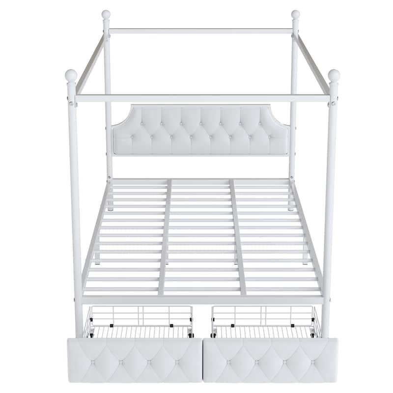 Queen Size Metal Canopy Platform Bed with Headboard and Storage Drawers