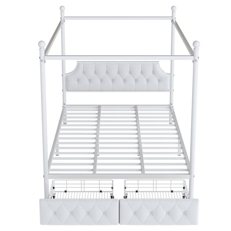 Queen Upholstered Canopy Bed Frame with 2 Drawers and Button Tufted Headboard/Metal Platform Bed Frame/Sturdy Metal Frame/White