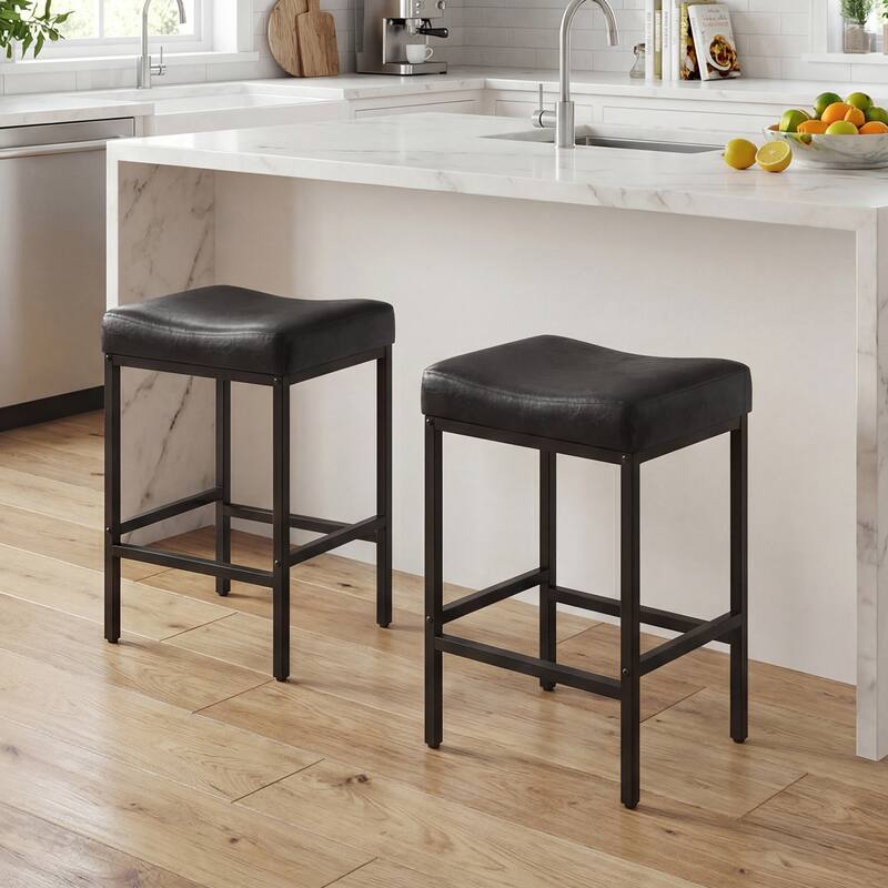 Gymax Bar Stools Set of 2 25'' Faux Leather Upholstered Saddle Stools