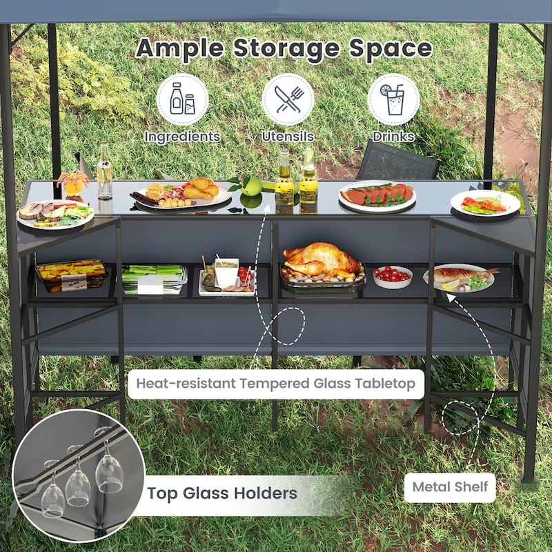 Outdoor 3 Piece Bar Set with Grill Gazebo and 2 Bar Stools Double Tier Canopy and Storage Shelf - 8 x 8 x 8 ft