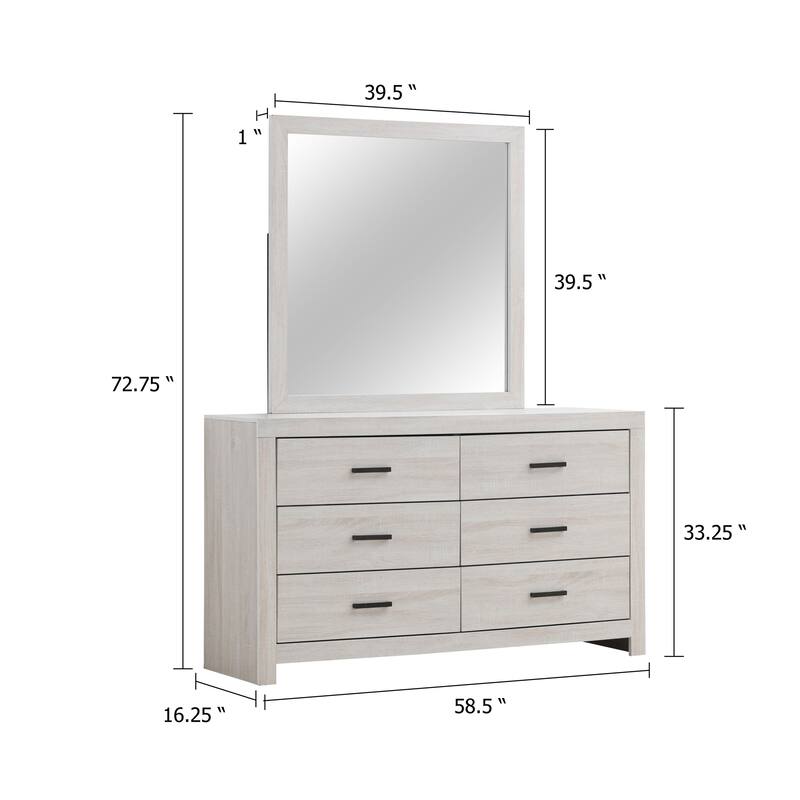 Sili Wide Dresser with Rectangular Mirror, 6 Drawers, Ivory White Wood