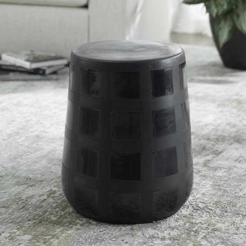 Patchwork Gridded Ceramic Garden Stool - 17" - Black