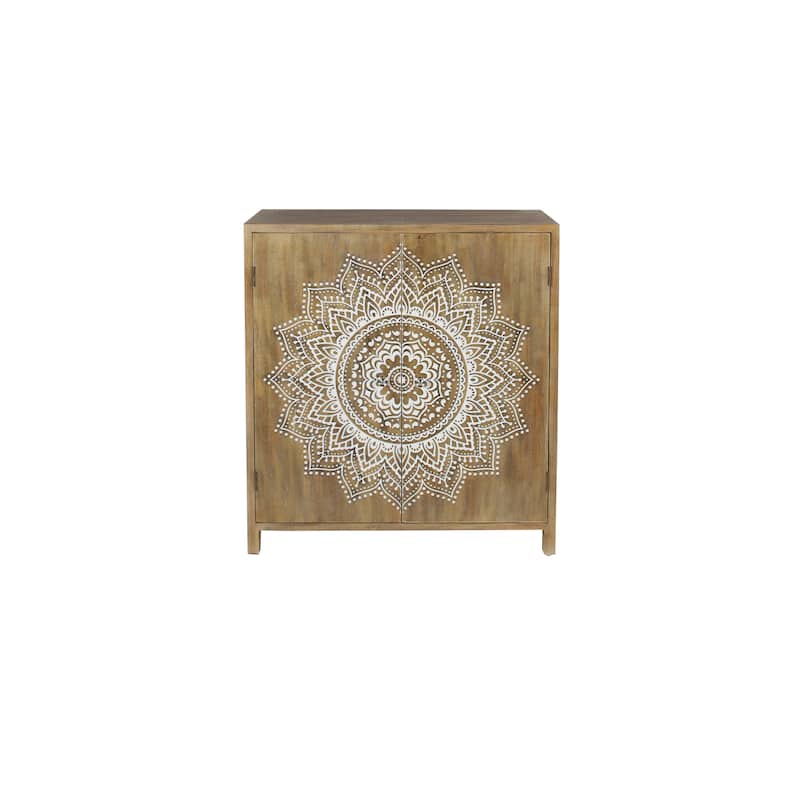 Wood Floral Intricately Carved 1 Shelf and 2 Doors Room Cabinet - Brown - Roche River Decor