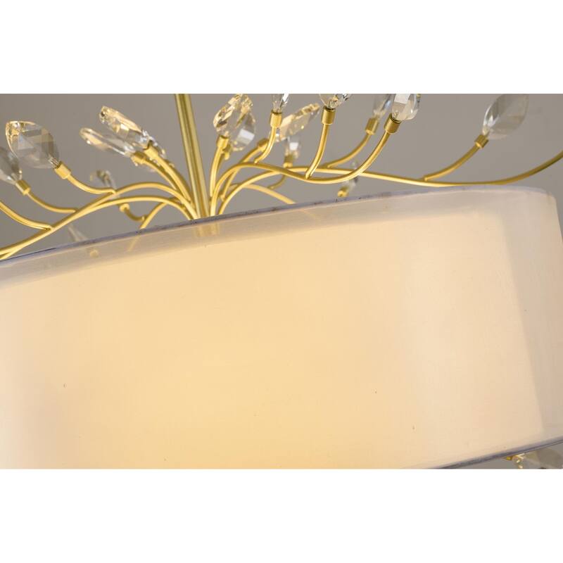 6-Light Aged Silver Branch Chandelier With A Fabric Shade And Crystals