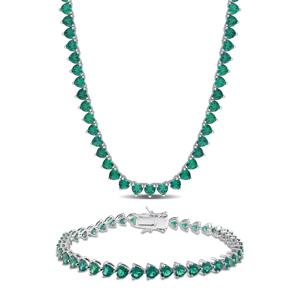 Miadora 33 2/5ct TGW Created Emerald Heart Tennis Necklace Bracelet Set in Sterling Silver