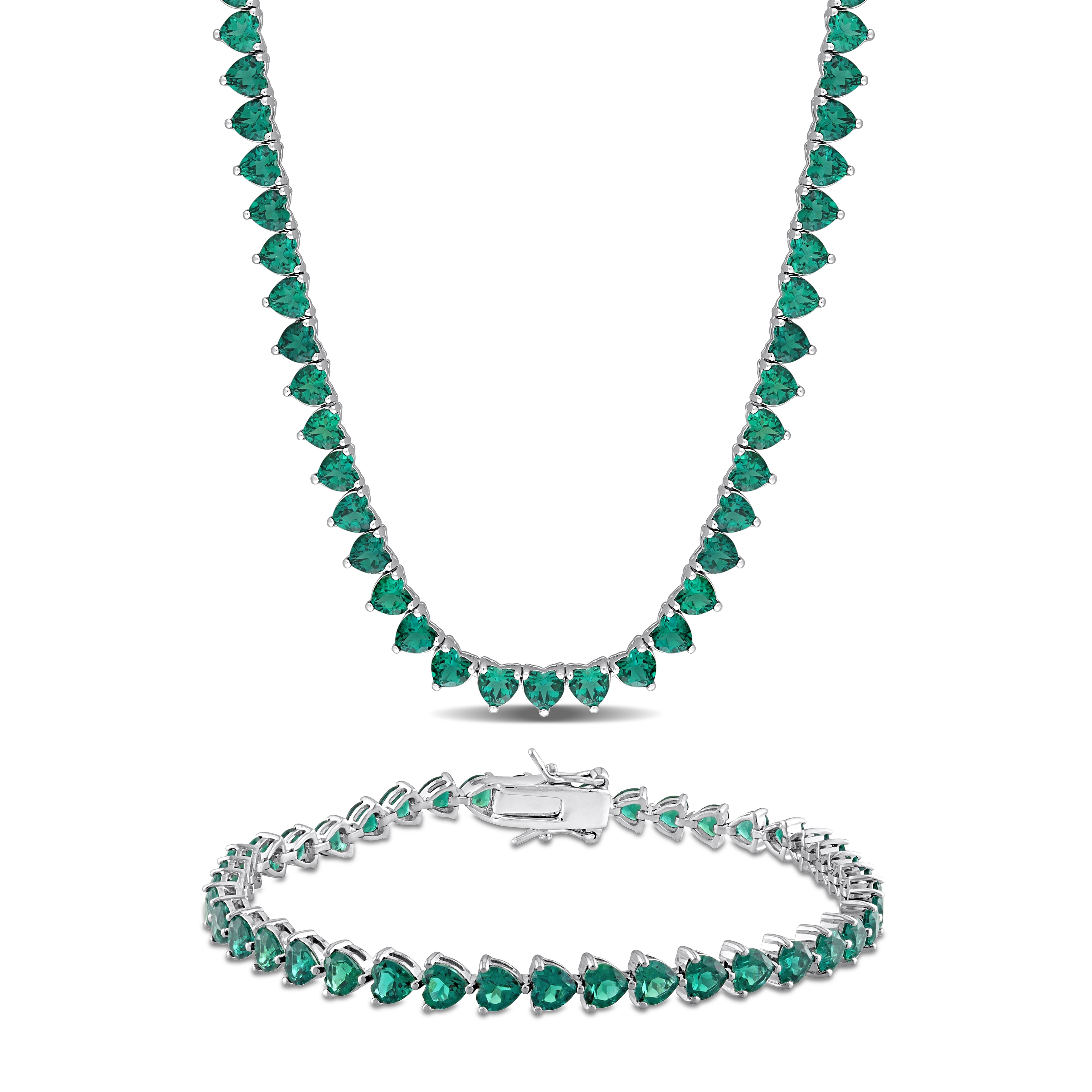 Miadora 33 2/5ct TGW Created Emerald Heart Tennis Necklace Bracelet Set in Sterling Silver