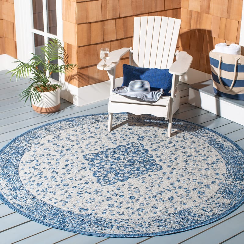SAFAVIEH Courtyard Boud Indoor/ Outdoor Waterproof Patio Backyard Rug - 6'7" Round - Blue/Grey