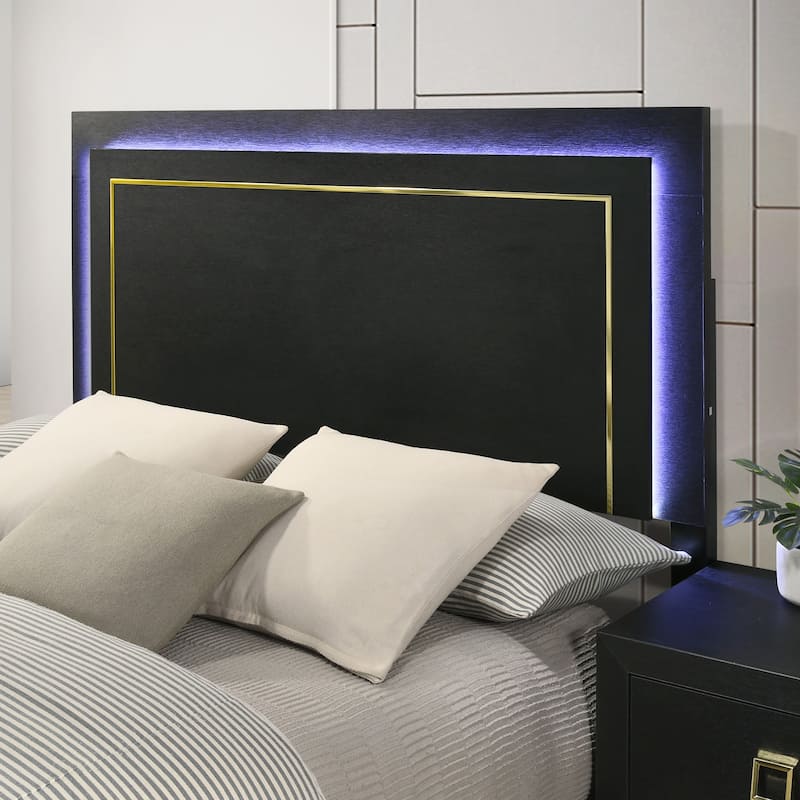 Furniture of America Nittely Modern Black Panel Bed with LED on Headboard