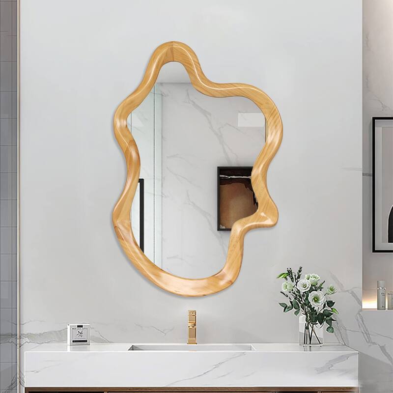 33.46" x 22.24" Irregular Shaped Wall Mirror with Natural Wood Frame