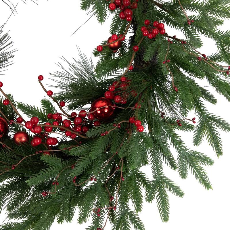 Red Berries and Pine Christmas Wreath with Ornaments 32-Inch Unlit - 32"