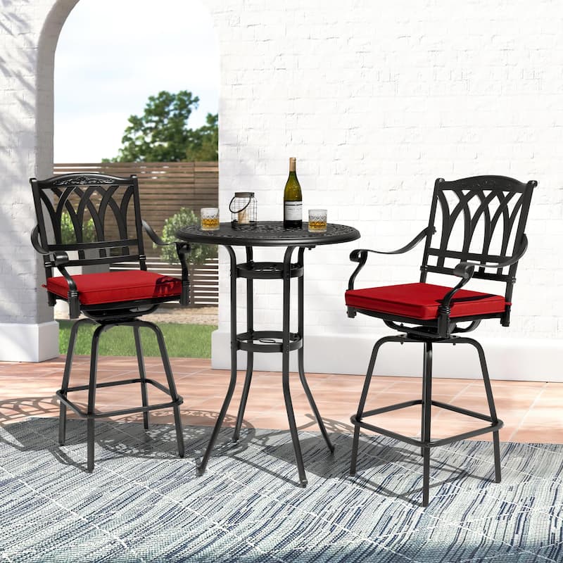 3PCS Cast Aluminum Outdoor Swivel Bar Set with Umbrella Hole, Olefin Cushions, Black and Red