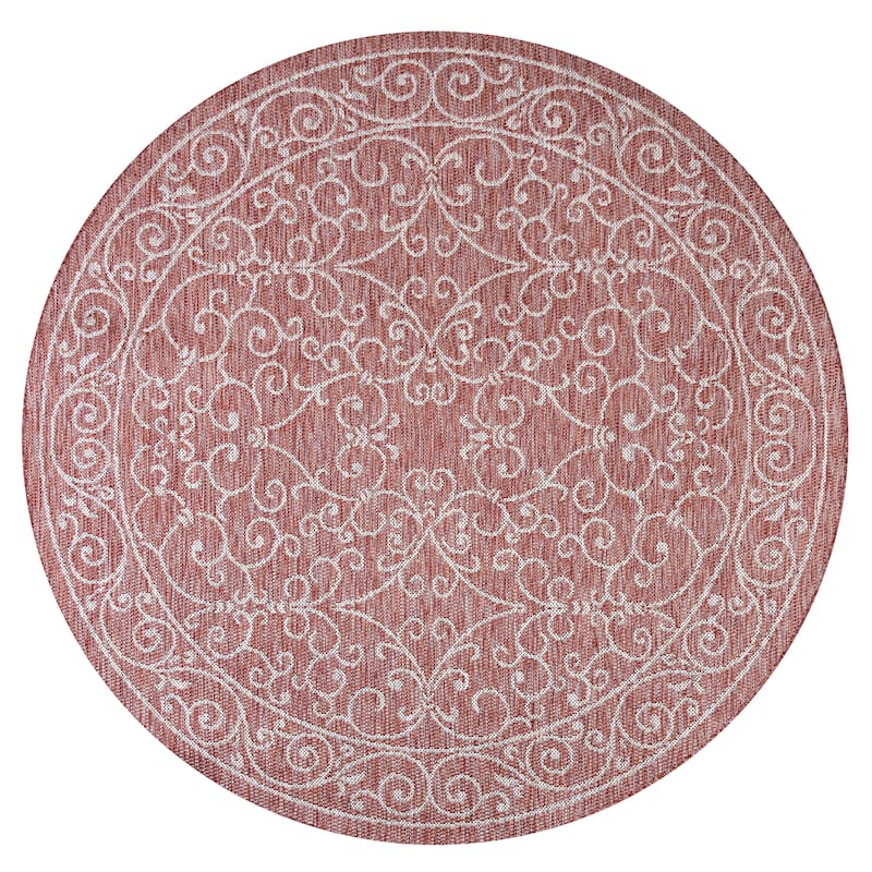 JONATHAN Y Filigree Textured Weave Indoor/Outdoor Area Rug - 5' Round - Red/Beige