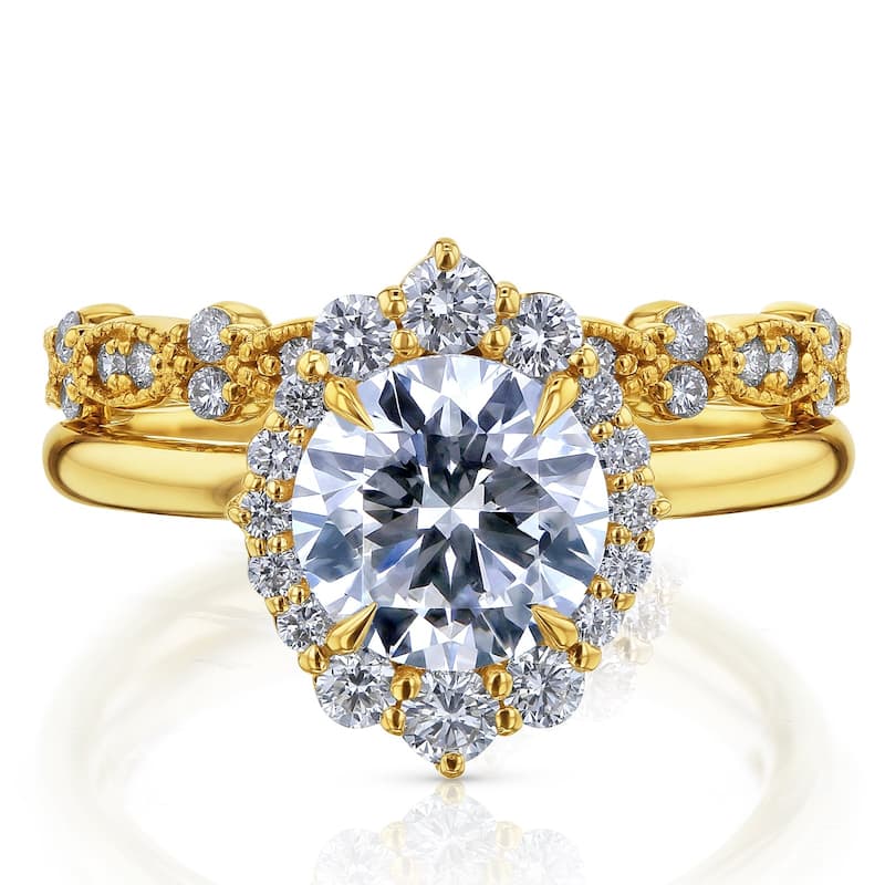 Kobelli 2.6 Carats Round Diamond 14k Solid Gold Rococo Halo Vintage Style Rochelle Bridal Rings 2pc Set (DEF/VS, Certified) - 6 - Yellow