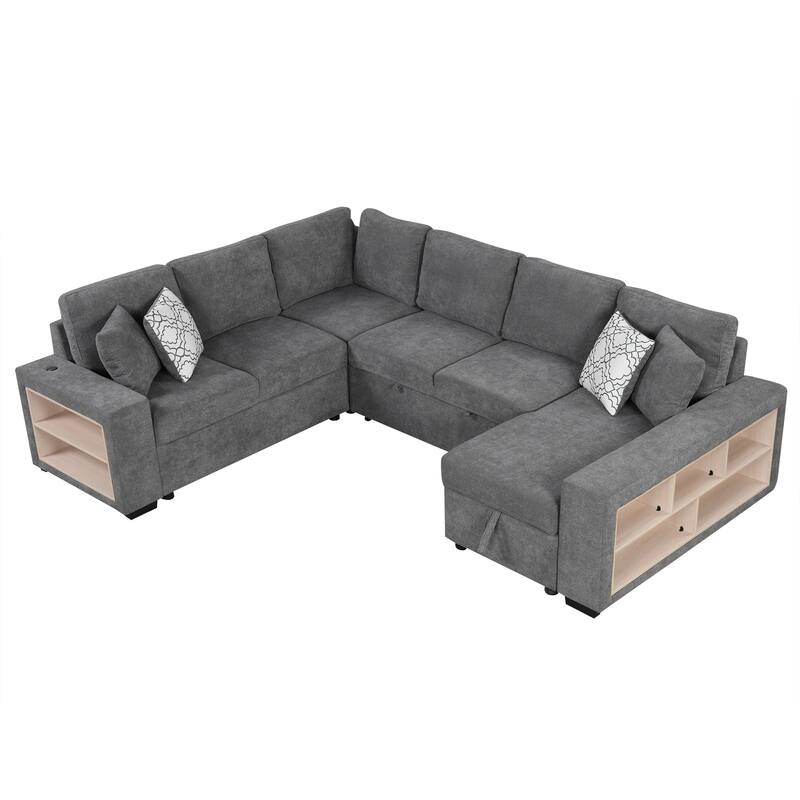 109" Chenille U-Shaped Convertible Sectional Sofa with USB & Storage