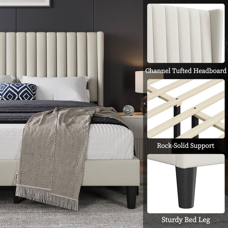Yaheetech Upholstered Bed Frame with Wing Side Fabric Upholstered Bed with Headboard
