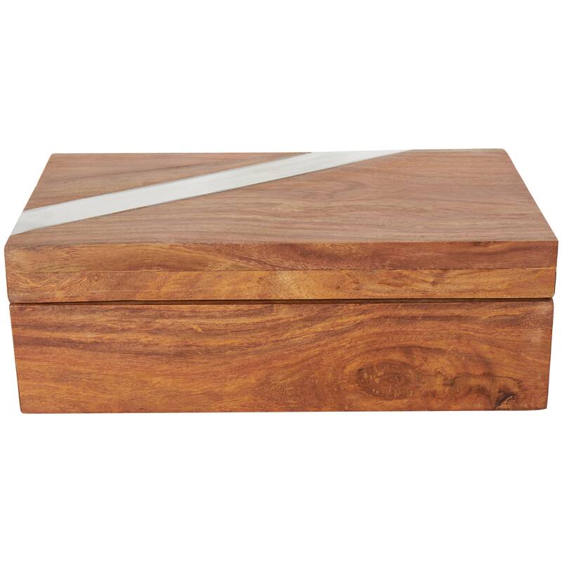 Mango Wood Box with Silver Diagonal Stripes - Set of 2 Brown - Roche River Decor - 7"W x 11"L x 4"H