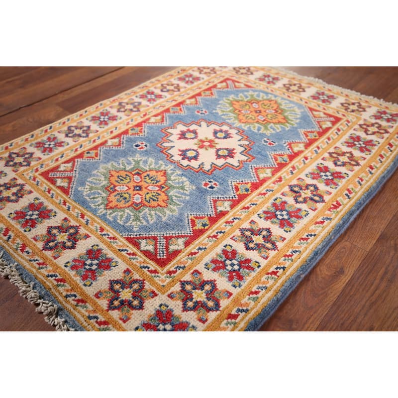 Blue Geometric Kazak Oriental Foyer Rug Hand-Knotted Wool Carpet - 2'0" x 2'9"