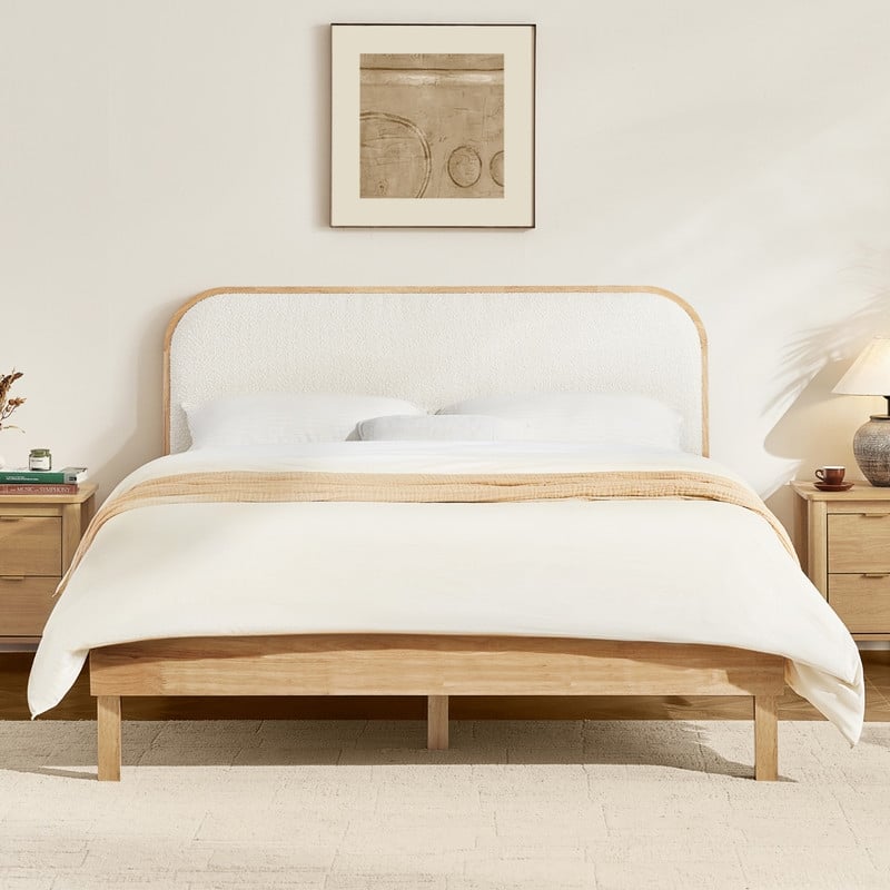 Spruce & Spring Modern Round Boucle Upholstered Platform Bed with Solid Wood Frame