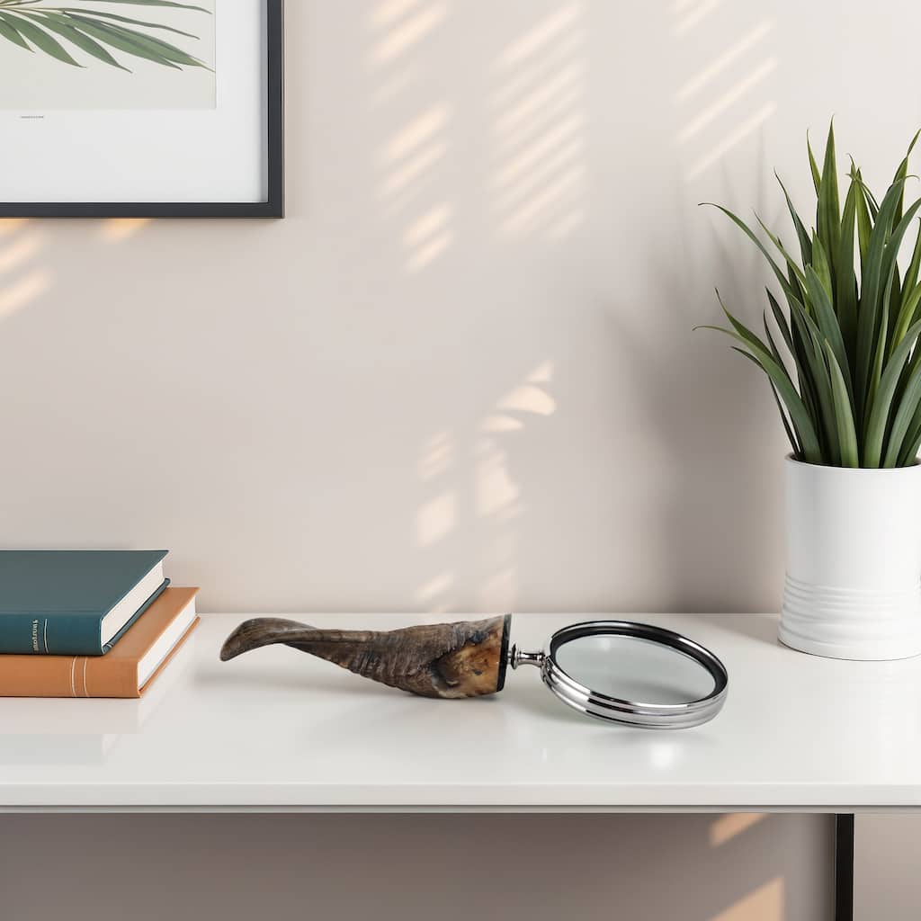 Glass Buffalo Horn Magnifying Glass Handcrafted Display - 2" Brown - 12" x 5" x 2"