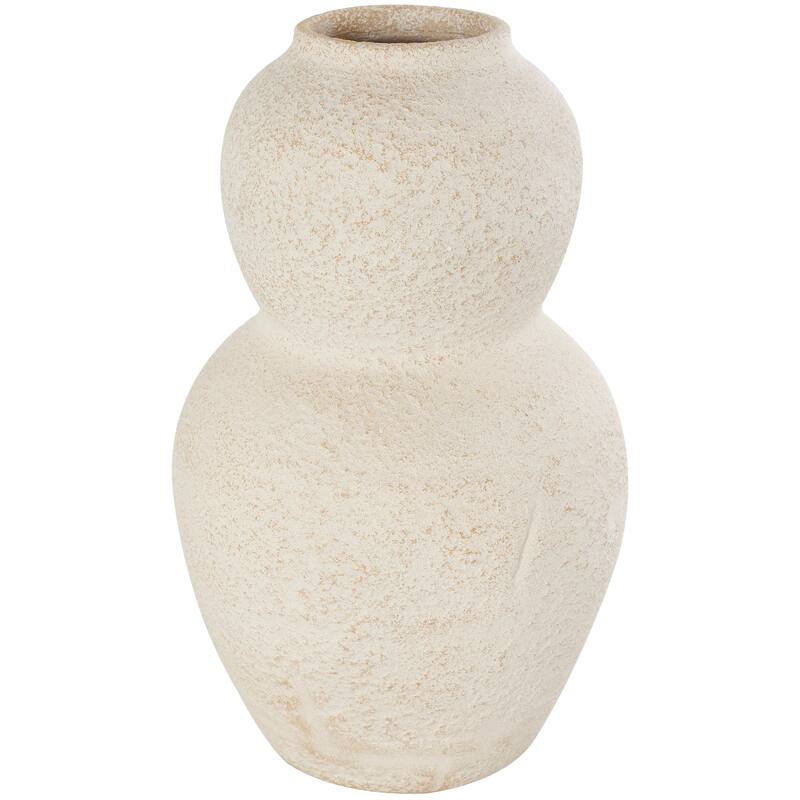 Cream Ceramic Hourglass Textured Vase with Brown Distressing