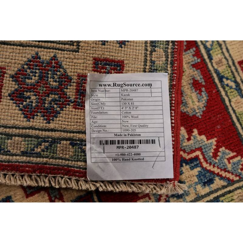 Red Geometric Kazak Foyer Rug Handmade Wool Carpet - 2'8" x 4'3"