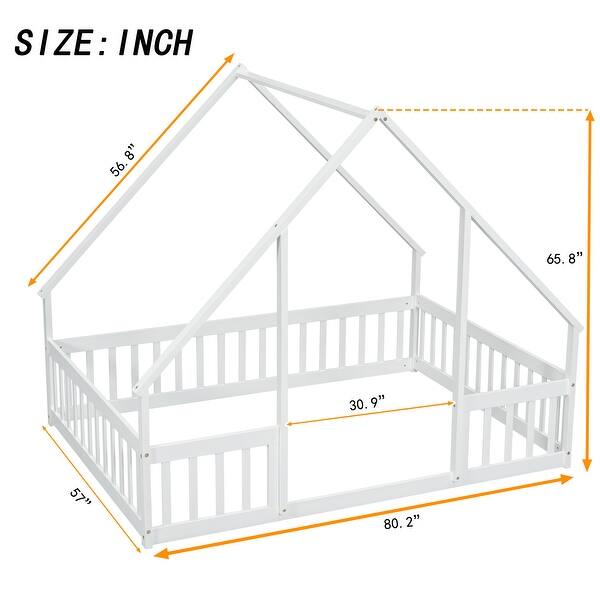 White Full Size Pine Wood House-Shaped Floor Bed with Fence and Roof