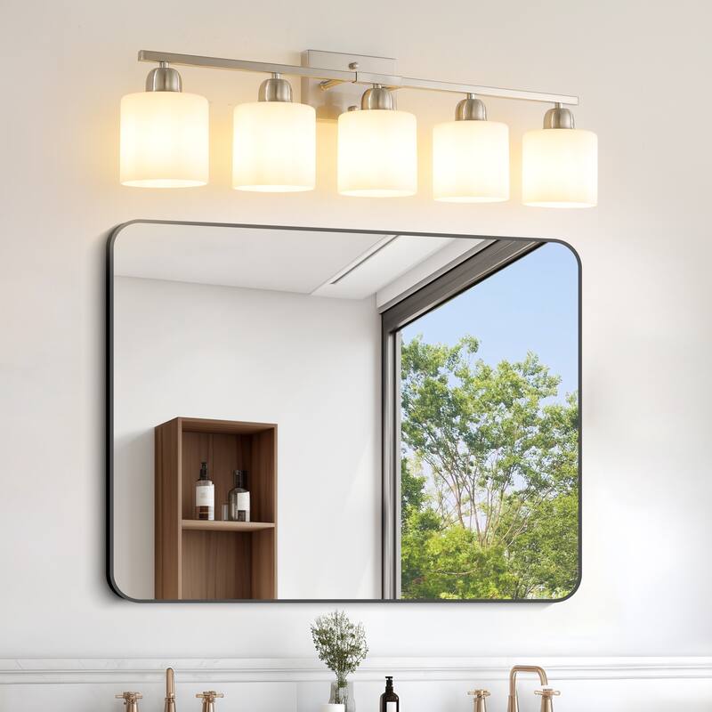 Bathroom Light Fixtures, 5-Light Modern Vanity Light Over Mirror, Wall Sconces with Frosted Glass Shades - Chrome