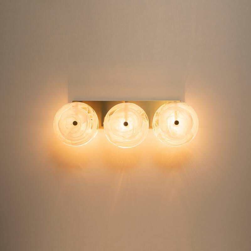 3-Light Mid-Century Modern Brushed Brass Vanity Light with Cloud-Textured Round Glass glass disc