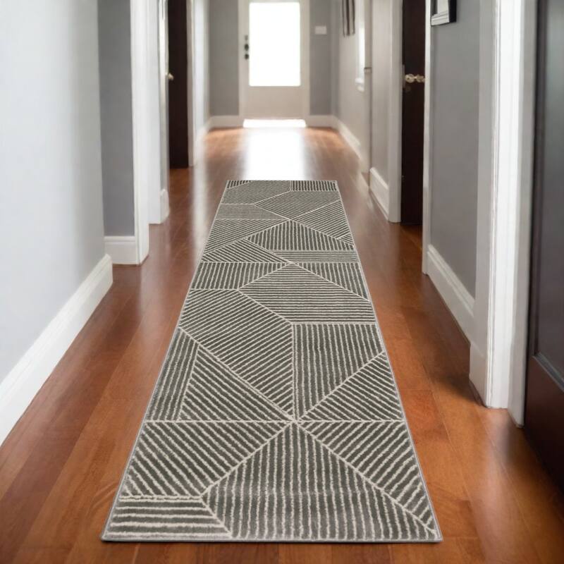 HomeRootsGeometric Modern Rectangle Area Rug - 90.55' X '26.77' X '0.39 - Ivory/Gray