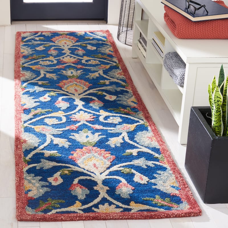 SAFAVIEH Handmade Blossom Violanta Floral Wool Rug - 2'3" x 8' Runner - Blue/Rust