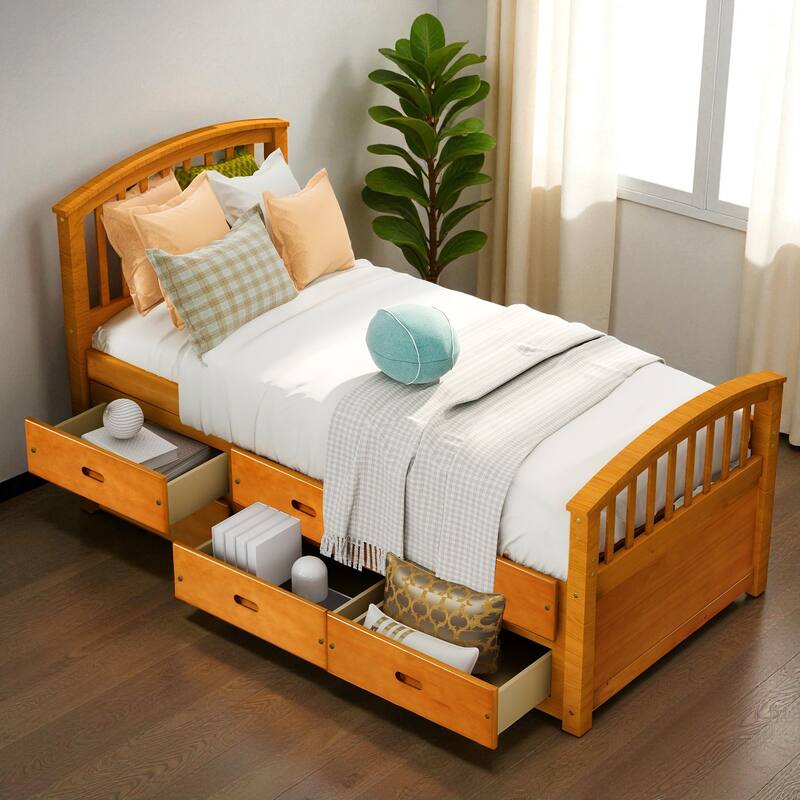 Twin Size Solid Wood Platform Bed with 6 Storage Drawers, Pine Wood Frame with Slats, No Box Spring Needed