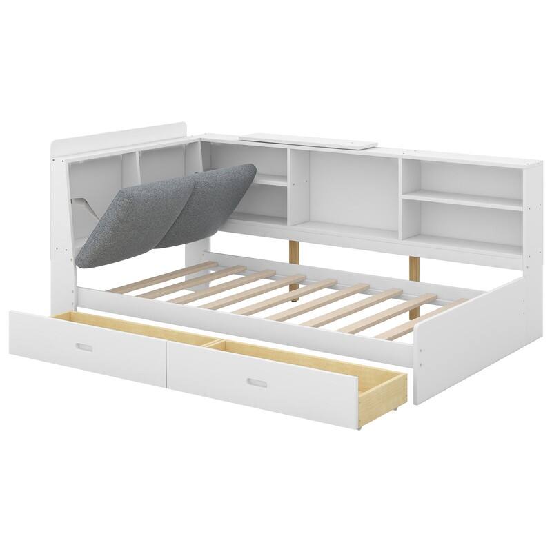 Wood Twin Size platform bed with Storage Headboard, Shelves and 2 Drawers