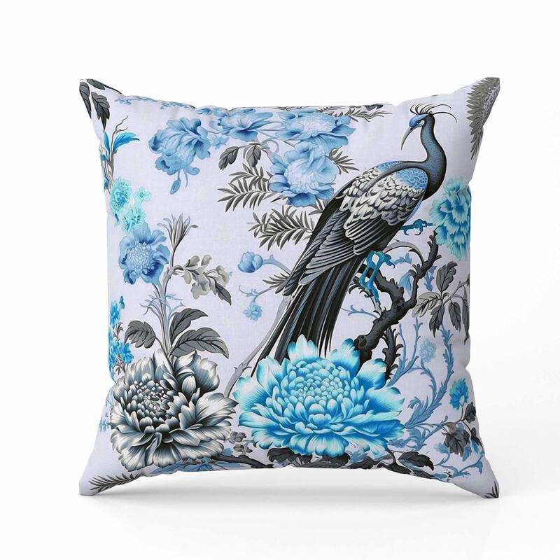 Peacock Panache Indoor/Outdoor Reversible Throw Pillow Blue and Grey