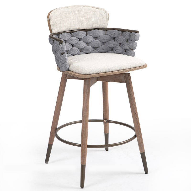 Bechor Beige and Gray Woven Fabric Counter Stool with Natural Wood Legs