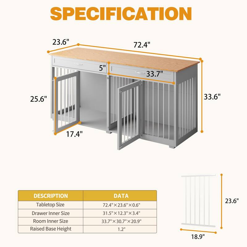 72.4 Inch Wooden Large Furniture Dog Crate with Drawers & Divider