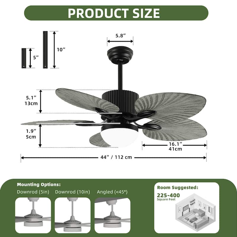 Moasis 44 Inch 5 Blades Tropical Palm Ceiling Fans with Lights and Remote Control