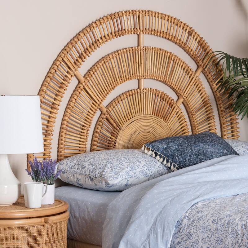 Natural Rattan Headboard - Handwoven Wicker Wall-Mount Headboard in Half-Moon Shape, Coastal Boho Bedroom Backdrop, Queen