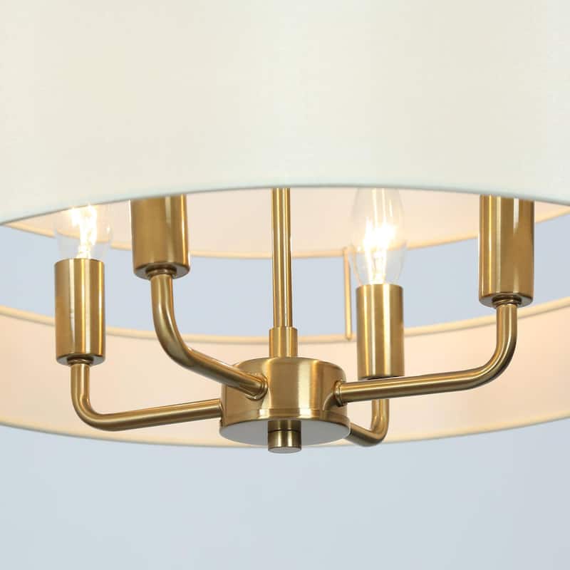 Malury Mid-century Modern 4-Light Brass Gold Drum Chandelier Fabric Shaded Foyer Pendant Lights - D17" x H30"