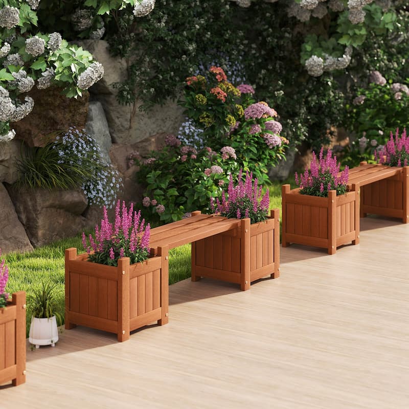 Costway Wood Planter Box with Bench Open-Ended Base & Teak Oil Finish - See Details