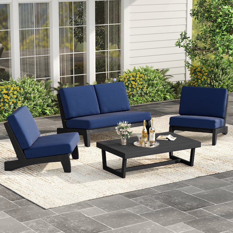 4Piece Wood Outdoor Loveseat Chair Conversation Set with Table Cushion