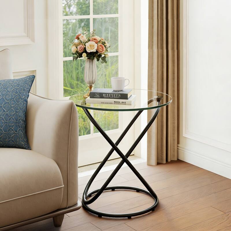 Tempered Glass Round Side/End Table with Metal Legs - 19.7"Dia Top x 21.7"H x 15.6"Dia Base - Black Leg- Single