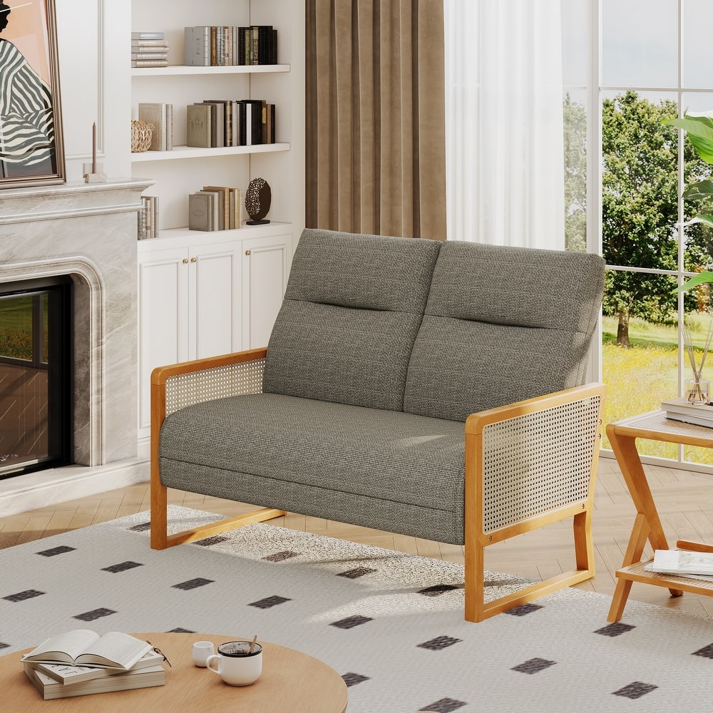 48.1" Modern Upholstered Loveseat Sofa for Small Space with Rattan Arms