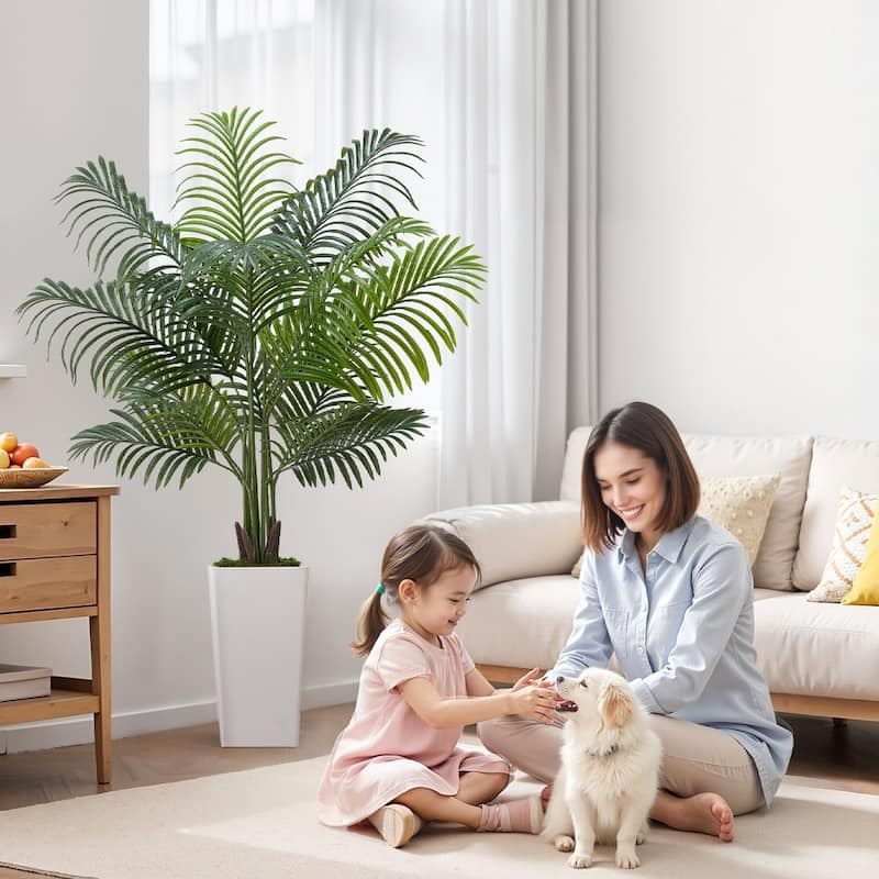 Green Lifelike Faux Areca Palm Tree with Moss-Covered Planter for Indoor Plant Decoration